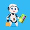 Cute Robot Hold Greeting Card And Shopping Bags Robotic Girl Isolated Icon On Blue Background Modern Technology