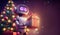 Cute robot holding a gift box in front of Christmas tree, dark purple background. Generative AI illustration