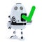 Cute robot holding green check mark. Isolated. Contains clipping path