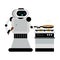 Cute robot home assistant cooks in a pan. Vector illustration.