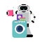 Cute robot home assistant stands near the washing machine. Vector illustration.