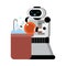 Cute robot home assistant washes the dishes. Vector illustration.