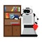 Cute robot home helper wipes the dust in the closet. Vector illustration.