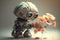 cute robot kneels before bouquet of flowers, its expression one of devotion and love
