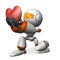 A cute robot that kneels down and presents a heart symbol. White background