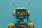 Cute robot with music headphones poster, copy space - generative artificial intelligence
