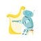 Cute Robot Musician Playing Harp Musical Instrument, Vector Illustration