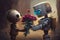 cute robot presents bouquet of flowers to his sweetheart, in warm and romantic setting