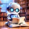 cute robot reading a book in the library - cartoon-style artificial intelligence learning android joy