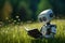 Cute Robot Reading a book in Summer Meadow