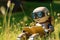 Cute Robot Reading a book in Summer Meadow