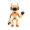 Cute robot toy waving with hand, gesturing hi. Funny childish futuristic bot. Portrait of modern humanoid machine for