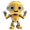 Cute robot on transparent white background, friendly positive little yellow AI robotic character with smiling face, waving hands