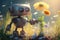 cute robot watering flower garden, with sun shining in the background