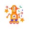 Cute robot on wheels, android character, artificial robotics machine colorful vector Illustration on a white background