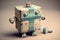 cute robot wrapping present with different color and pattern papers