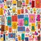 Cute robots collage cartoon retro doodle pattern