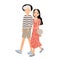 Cute romantic couple dressed in trendy clothes isolated on white background. Stylish hipster boy and girl walk together