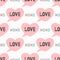 Cute romantic seamless pattern. Bubble speech in the shape of heart with text Love and abbreviation Xoxo.