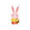 Cute rosy easter bunny with basket of eggs isolated on white background