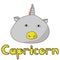 Cute round Capricorn zodiac sign, positive character with twisted horn and yellow nose and inscription