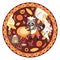 Cute round card with raccoon baker and bakery products. Vector
