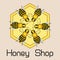 Cute round frame of flying bees, shiny gold print. Honey shop emblem. Vector illustration