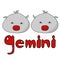 Cute round guys zodiac sign Gemini, two positive characters with the same faces and red noses and an inscription