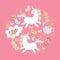 Cute round pattern with two magic unicorns, butterflies, flowers, cup of tea on pink background. Vector illustration