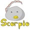 Cute round Zodiac Sign Scorpio, positive character with tail, sting and yellow nose and inscription