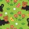 Cute Running Yorkshire terrier seamless pattern background with flower, ball and butterfly. Cartoon yorkie dog puppy background.