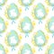 Cute rustic hand drawn Easter seamless pattern with wreath of spring flowers, egg and bunny