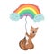 Cute sable fly in balloon in shape of lgbt rainbow. Joyful pet character flies. Smilling sable. First pet for children