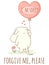 Cute sad cartoon animal with heart shaped balloon