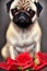 A cute sad eyed pug dog with red roses at his feet