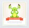 Cute sad green monster sitting on the floor, happy monsters banner cartoon vector element for website or mobile app