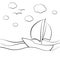 Cute sailboat in the sea waves; black and white graphic vector illustration for posters, postcards and colouring books for