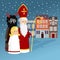 Cute Saint Nicholas with angel, devil, old town houses and falling snow. Christmas invitation card, vector illustration