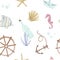 Cute samless pattern of marine things, anchor, shells, paper boat, fish, stars. Watercolor drawing by hand. For use in the design