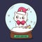 Cute santa cat Christmas ball and snow. X mas card happy new year kids