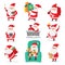 Cute santa. Christmas santa clauses with funny emotions and new year gifts for children, festive happy characters, flat