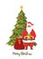 Cute Santa Claus character with gift in his hands and decorated christmas tree behind him. Santa smiling and show gift box. Merry