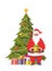 Cute Santa Claus character with gift in his hands and decorated christmas tree behind him. Santa smiling and show gift box. Merry