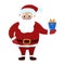 Cute Santa Claus. Christmas character. Santa holding gift in hand. Vector flat illustration