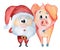 Cute Santa Claus with funny piggy Watercolor illustration