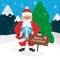Cute Santa Claus with a gift in its hands. Landscape of mountains , forest, snow. Modern flat design. Vector illustration.