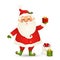 Cute Santa Claus giving christmas present. Funny Santa Claus holding red gift box isolated on white background. Santa