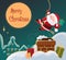 Cute Santa Claus goes down the chimney on the roof of the house. Christmas card, background, banner in cartoon style. Vector,