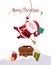 Cute Santa Claus goes down the chimney on the roof of the house. Christmas card, background, banner in cartoon style. Vector,