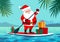 Cute Santa Claus on paddle board with gifts against tropical ocean background vector cartoon illustration. Christmas in July, sum